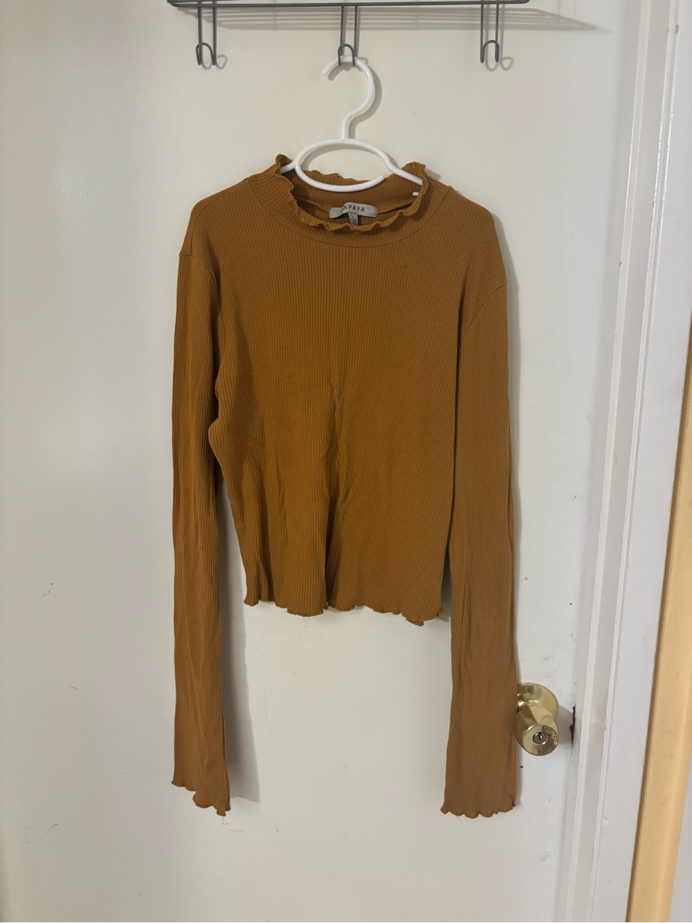 Papaya Ribbed Lettuce-Edge Long Sleeve Top - Mustard